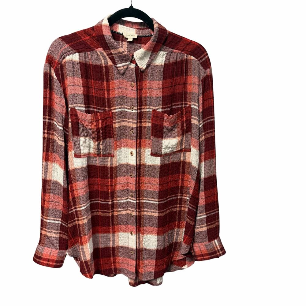 Anthropologie Pilcro Hadley Relaxed Plaid Buttondown Shirt Red Large Casual Boho